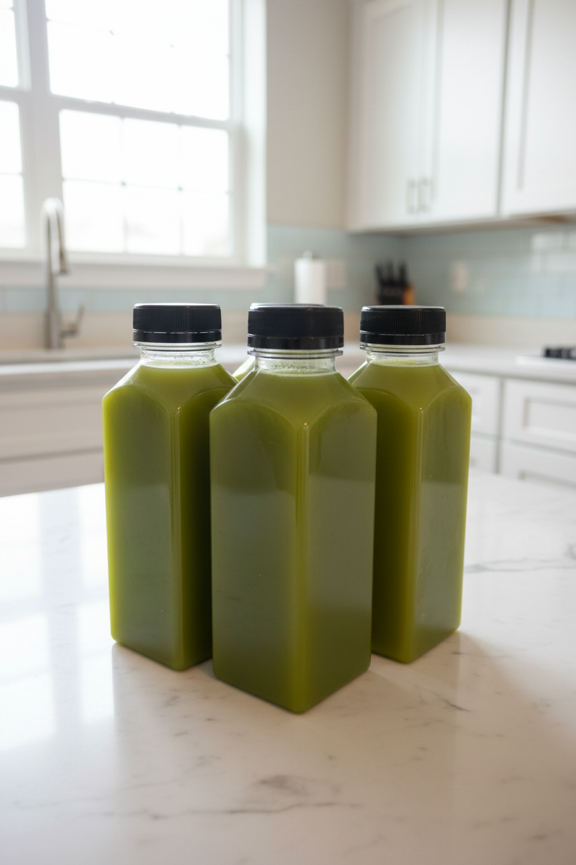 Four Green Juice Bottles - Bright Kitchen